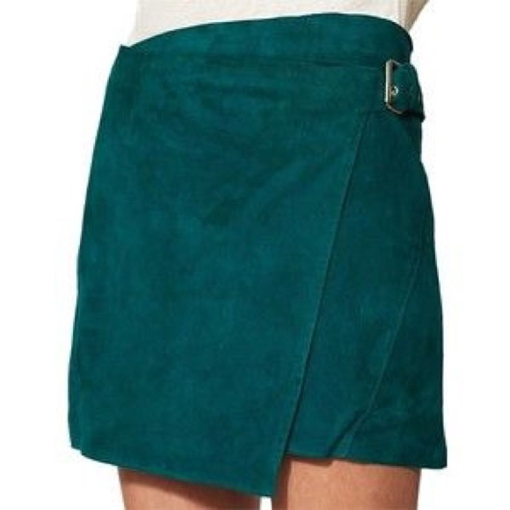 MAJE  Suede Emerald Green Teal Buckle Wrap Mini Skirt NWOT